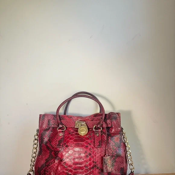 Michael Kors Crimson Snake Print Satchel with Gold Accents